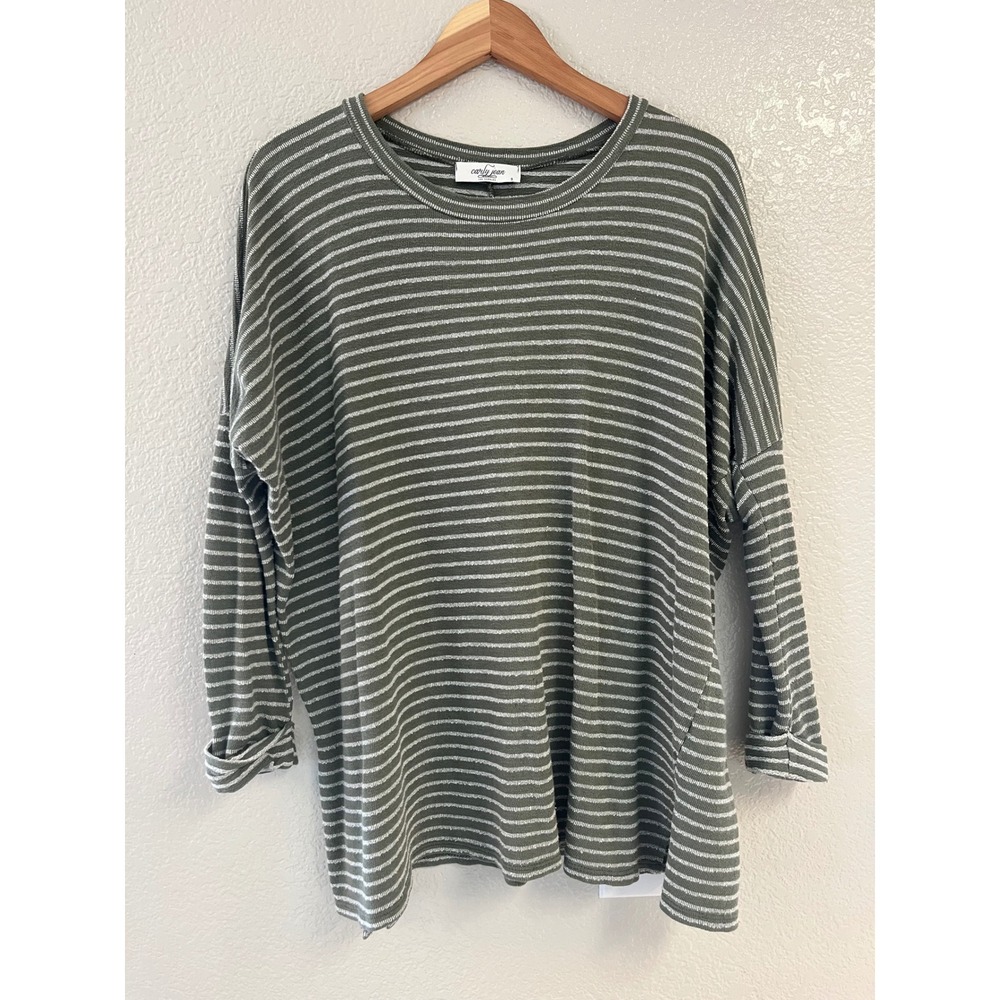 Carly Jean Los Angeles Striped Long Sleeve Top Olive Green White Small TH7344